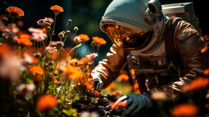 A robot examining flowers and nature among flowers