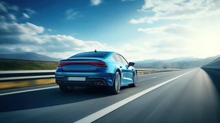 Foto op Aluminium Rear view of blue Business car on high speed in turn. Blue car rushing along a high-speed highway. Generative AI © Nhan