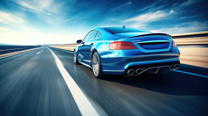 Rear view of blue Business car on high speed in turn. Blue car rushing along a high-speed highway....