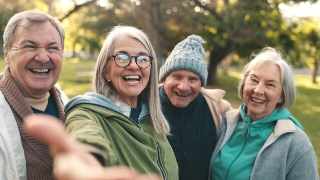 Park, selfie and face of senior friends outdoors for wellness, relax and bonding on weekend. Retirement, happy and portrait of elderly men and women take picture for memory, social media and post