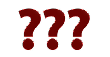 drei exklusive plakative Fragezeichen 3D-Rendering, Frage, Antwort, FAQ, Zeichen, Schrift, 3D, exklusiv, rot, metallisch, edel, Aufgabe, Wissen, Lernen, Ungewiss,  Freisteller, Alphakanal