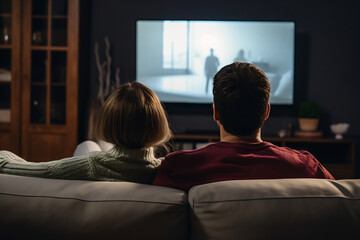 Back view of young couple sitting on couch watching tv at home - obrazy, fototapety, plakaty