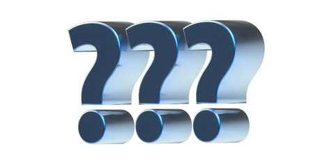 drei blaue  exklusive plakative Fragezeichen 3D-Rendering, Frage, Antwort, FAQ, Zeichen, Schrift, 3D, exklusiv, metallisch, edel, Aufgabe, Wissen, Lernen, Ungewiss,  Freisteller, Alphakanal