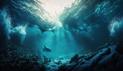 Under Ocean of Tropical Seabed With Reef And Sunshine Landscape Background