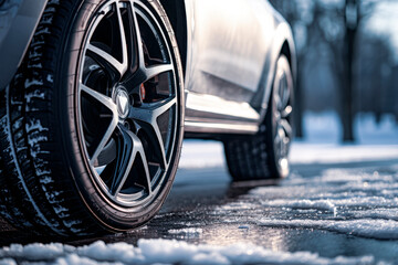 Car tires on winter road covered with snow. Vehicle on snowy road in the morning at snowfall.