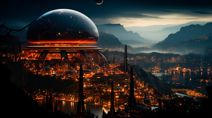 Dusk View of a Futuristic Space Colony.
As night falls, a futuristic space colony glimmers with lights against a mountain backdrop, symbolizing the pinnacle of space habitation and exploration. - obrazy, fototapety, plakaty