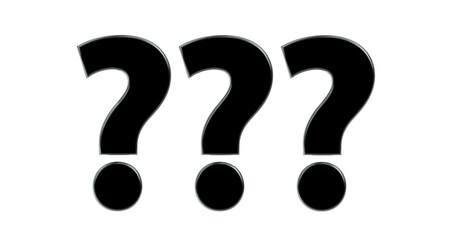 drei exklusive plakative Fragezeichen 3D-Rendering, schwarz, Frage, Antwort, FAQ, Zeichen, Schrift, 3D, exklusiv, metallisch, edel, Aufgabe, Wissen, Lernen, Ungewiss,  Freisteller, Alphakanal