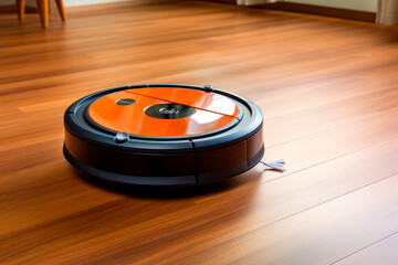 Robotic vacuum cleaner on laminate wood floor smart cleaning technology.