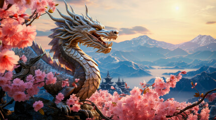 Fototapeta na wymiar Happy chinese new year 2024 the dragon zodiac sign with blooming trees and mountains background.
