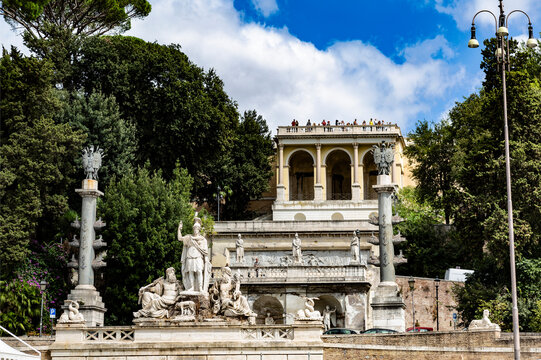 View of the fountain Rome's Goddess and the Pincio terrace (Terrazza del Pincio) from the Piazza del Popolo (People's Square). Rome, Italy