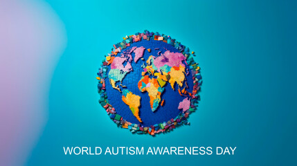 World autism awareness day banner.An abstract model of the earth made of a variety of colorful puzzles