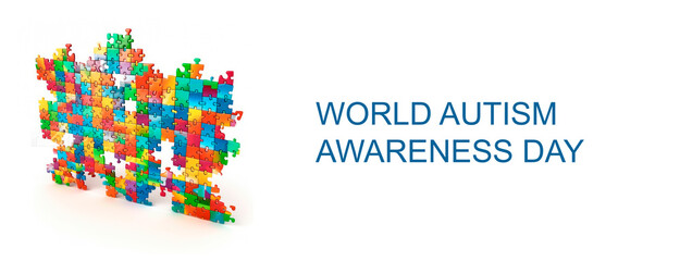 World autism awareness day banner.A wall of colorful puzzle pieces on a white background.