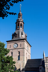 Fototapeta na wymiar Oslo Cathedral (Norwegian: Oslo domkirke), formerly Our Savior's Church, belltower