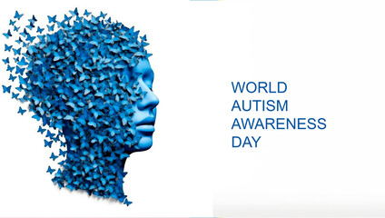 World autism awareness day banner.A human head gathering from a multitude of blue butterflies.