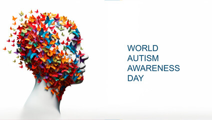 World autism awareness day banner.A human head gathering from a multitude of colorful butterflies.
