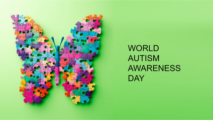 World autism awareness day banner. Butterfly made from multicolored jigzaw puzzles