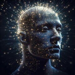 Abstract vision of technology and human intelligence: a futuristic view of a human head with glowing lines.
