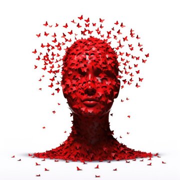 A human head gathering from a multitude of red butterflies. Autism. Personality, Leadership