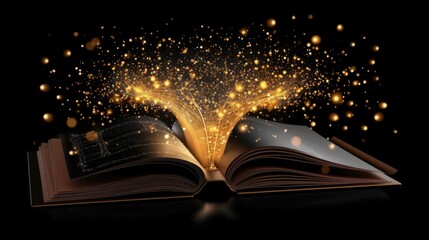 A magical open book on a dark background with light and gold dust floating from the book.