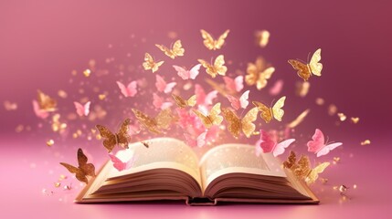 a lot of golden butterflies fly out of an open book on pink background . Advertising of romantic literature - Powered by Adobe
