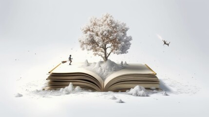 Winter tree growing from open book. Winter sale of books. Winter reading.Knowledge and wisdom concept
