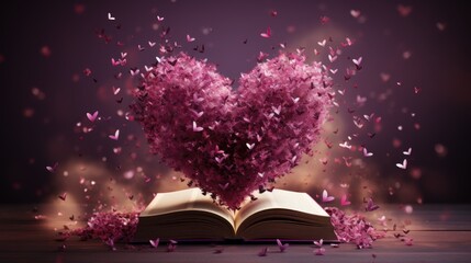 Beautiful pink heart fly out of an open book
