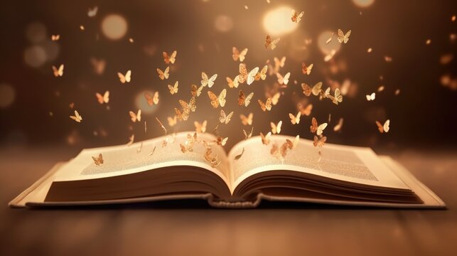 a lot of golden butterflies fly out of an open book on dark background . Advertising of romantic literature - Powered by Adobe