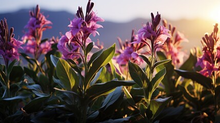 A field of purple flowers on the background of a beautiful sunrise with illumination and sunlight