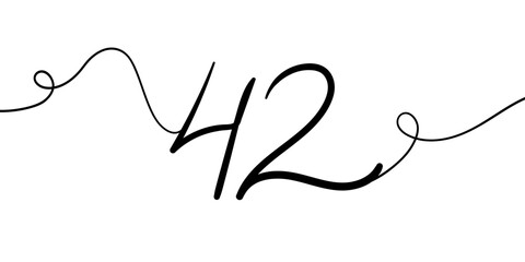 Number 42 line art drawing on white background. Anniversary 42th birthday continuous drawing contour. Minimal vector illustration
