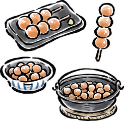 玉こんにゃく　串・皿に盛る・土鍋で煮込む　筆タッチイラスト