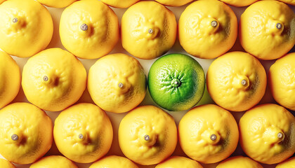 Standing out from the crowd concept. Lime among lemons - obrazy, fototapety, plakaty