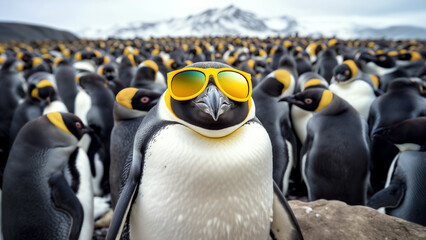 Stand out concept. Penguin in yellow sunglasses against the backdrop of penguin colony - obrazy, fototapety, plakaty