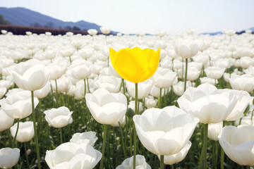 Stand out concept. Yellow tulip in the field of white tulips - obrazy, fototapety, plakaty