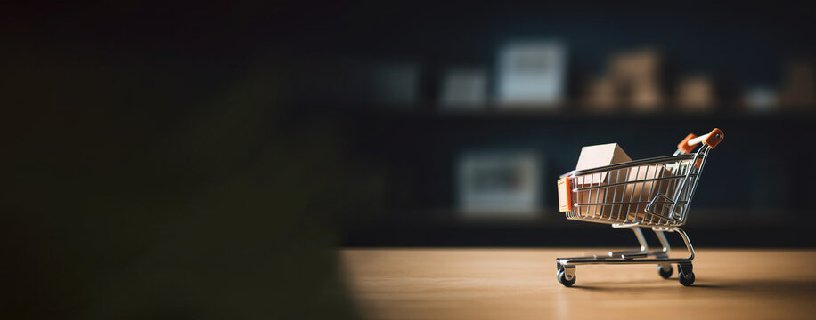 Online internet trading, modern marketing technology. Supermarket trolley, dark background. AI generated.