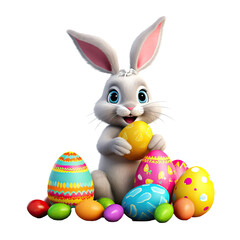 funny easter rabbit with colorful easter eggs on transparent background