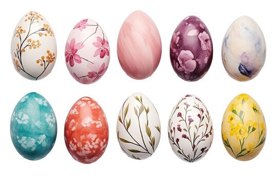 colored hand painted easter eggs collection isolated on transparent background