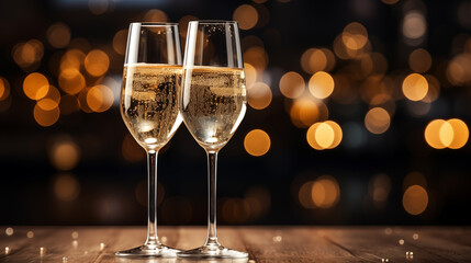 Two crystal glasses with champagne on an elegant table with dark blurred background and festive lights. Concept of holidays and gifts. AI generated content. 