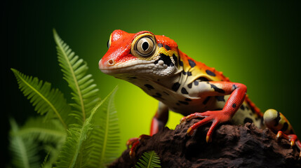 Portrait of colorful exotic lizard on natural forest background. Minimalistic style. AI generated content.