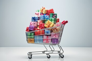 Shopping cart overflowing with wrapped gift boxes with pastel white background.