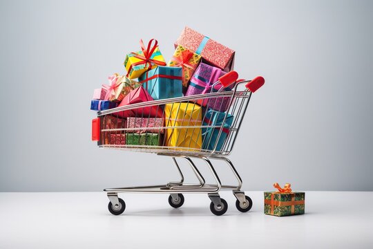 Shopping cart overflowing with wrapped gift boxes with pastel white background.