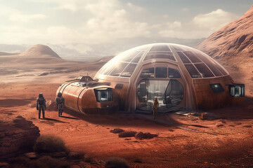 An innovative concept of a space station on the barren and arid terrain of Mars. Ai generated - obrazy, fototapety, plakaty