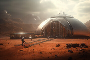 An innovative concept of a space station on the barren and arid terrain of Mars. Ai generated