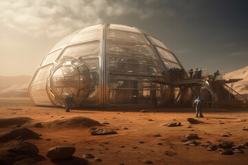 An innovative concept of a space station on the barren and arid terrain of Mars. Ai generated