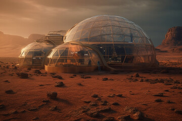Obraz premium An innovative concept of a space station on the barren and arid terrain of Mars. Ai generated
