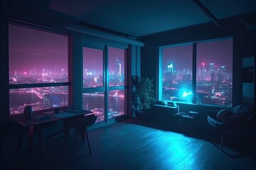 Glowing cyberpunk room with VR technology, neon lighting room decoration and window view cyberpunk city
