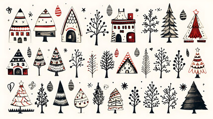 variety set of christmas themed doodles - xmas trees