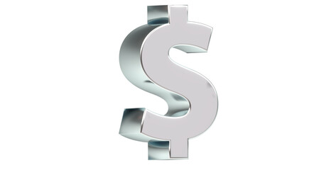 Dollarzeichen plakative silberne metallische 3D-Schrift, Finanzen, Symbol, Aktien, Dollar, Preis, Kosten, Prämie, Gutschrift, Gewinn, Kapital, Business, 3D-Renderin, Freisteller, Alphakanal
