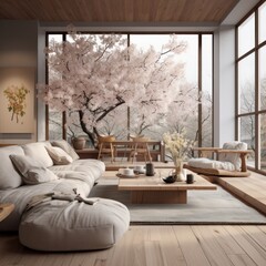 harmonic interior with huge windows creating a warm and light atmosphere. Japanese styled interior. 