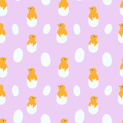 simple pattern with cute chickens and eggs on a delicate lilac background