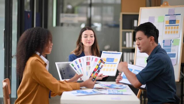 Businessman and woman people meeting in office. Employee brainstorm and work as team, plan and discuss project by point on paper and tablet. .